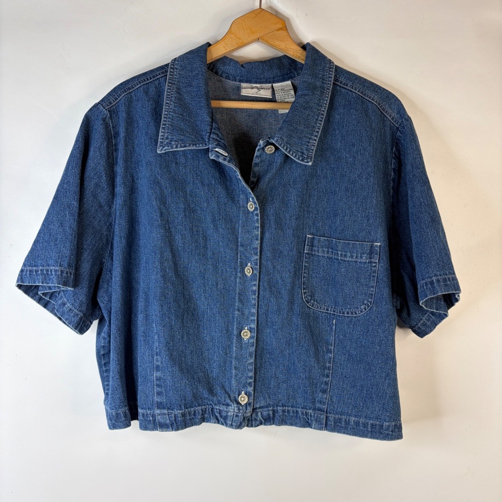 Studio Ease Denim Button Up Top Women 24W Blue Short Sleeve Floral Metal Buttons